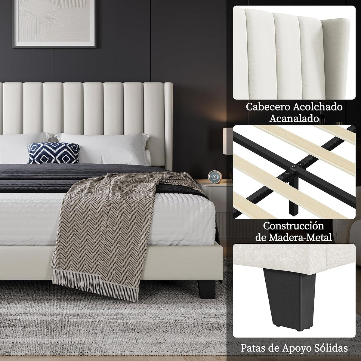 Yaheetech Upholstered Bed with Padded Headboard 16 x 200 cm Beige