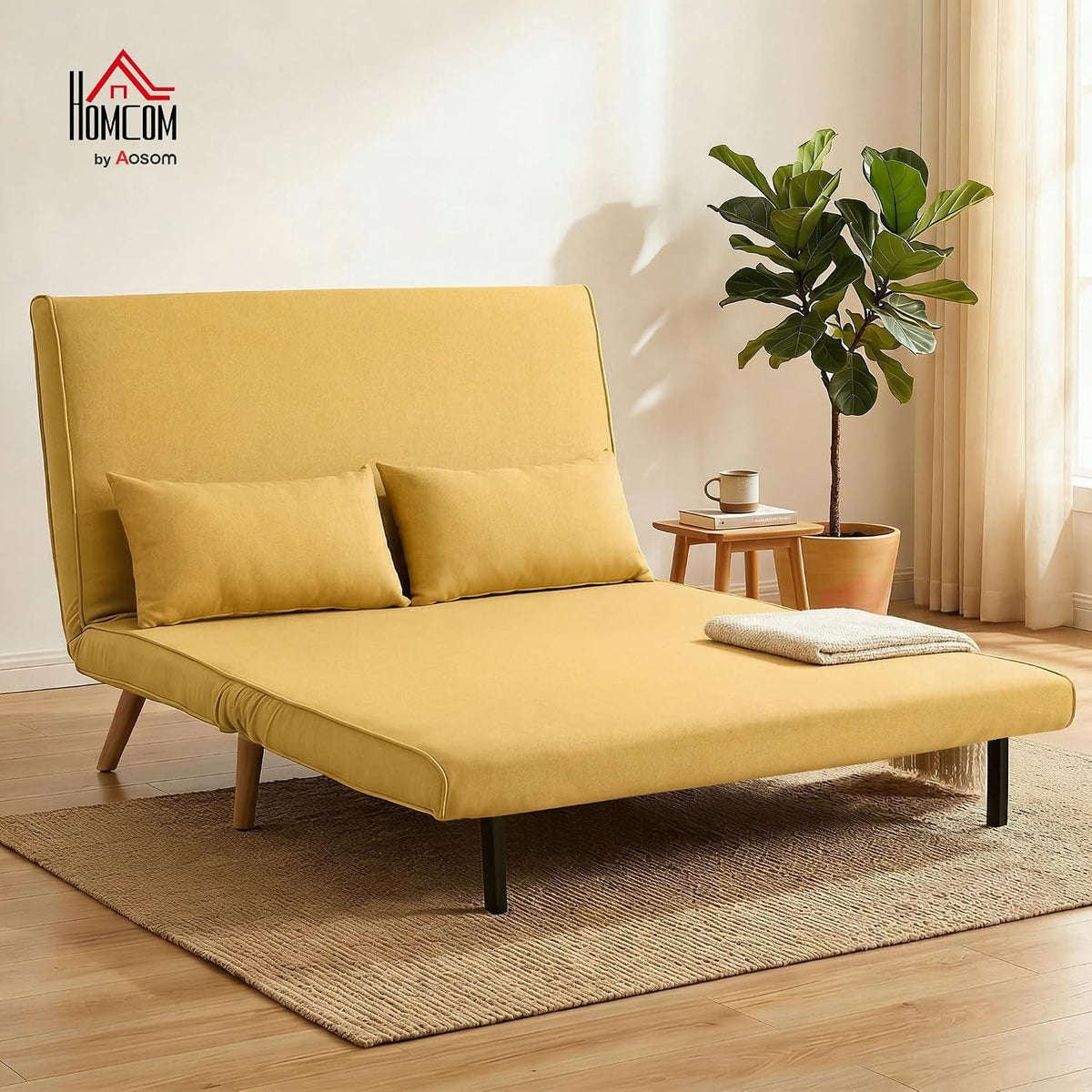 HOMCOM 3 in 1 Folding 2 Seater Sofa Bed Upholstered in Yellow Linen