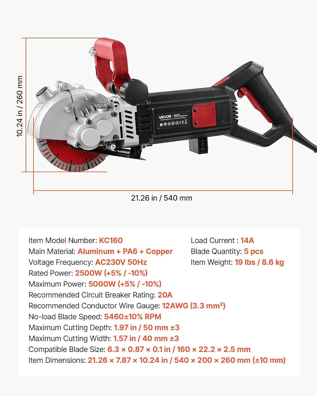 VEVOR Rozadora de Pared de Potencia Máxima 5000 W, Ranuradora de Pared 5460 RPM, Profundidad 50 mm, Anchura 40 mm con 5 Discos 160 mm, Línea Guía para Hormigón Ladrillo Mampostería Cableado Tuberías