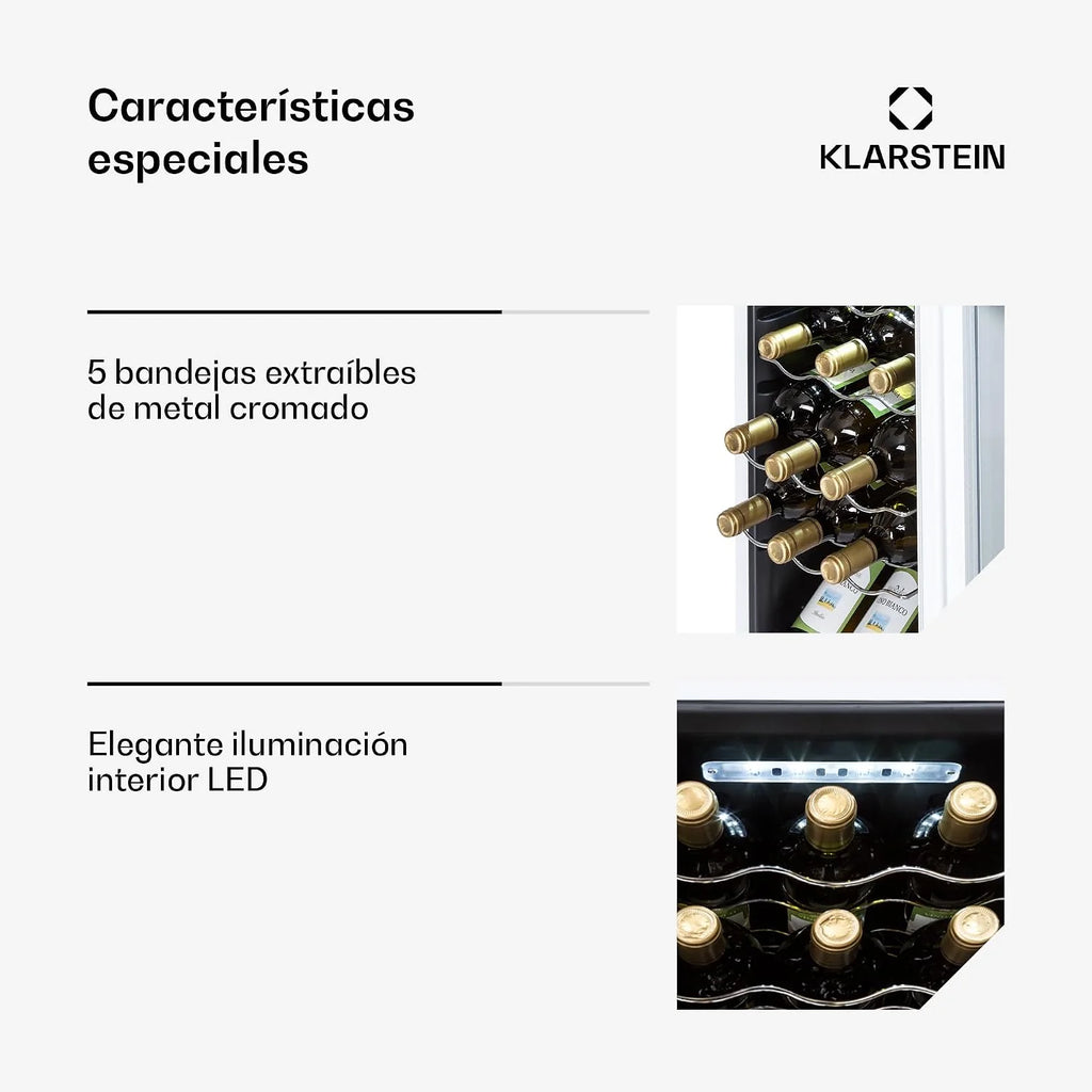 KLARSTEIN Shiraz Vinoteca Blanco – 18 Botellas, 50 L, 1 Zona | Nevera para Vinos de Libre Instalación, Puerta de Cristal, Silenciosa, 5–18 °C, LED, Marco Inox