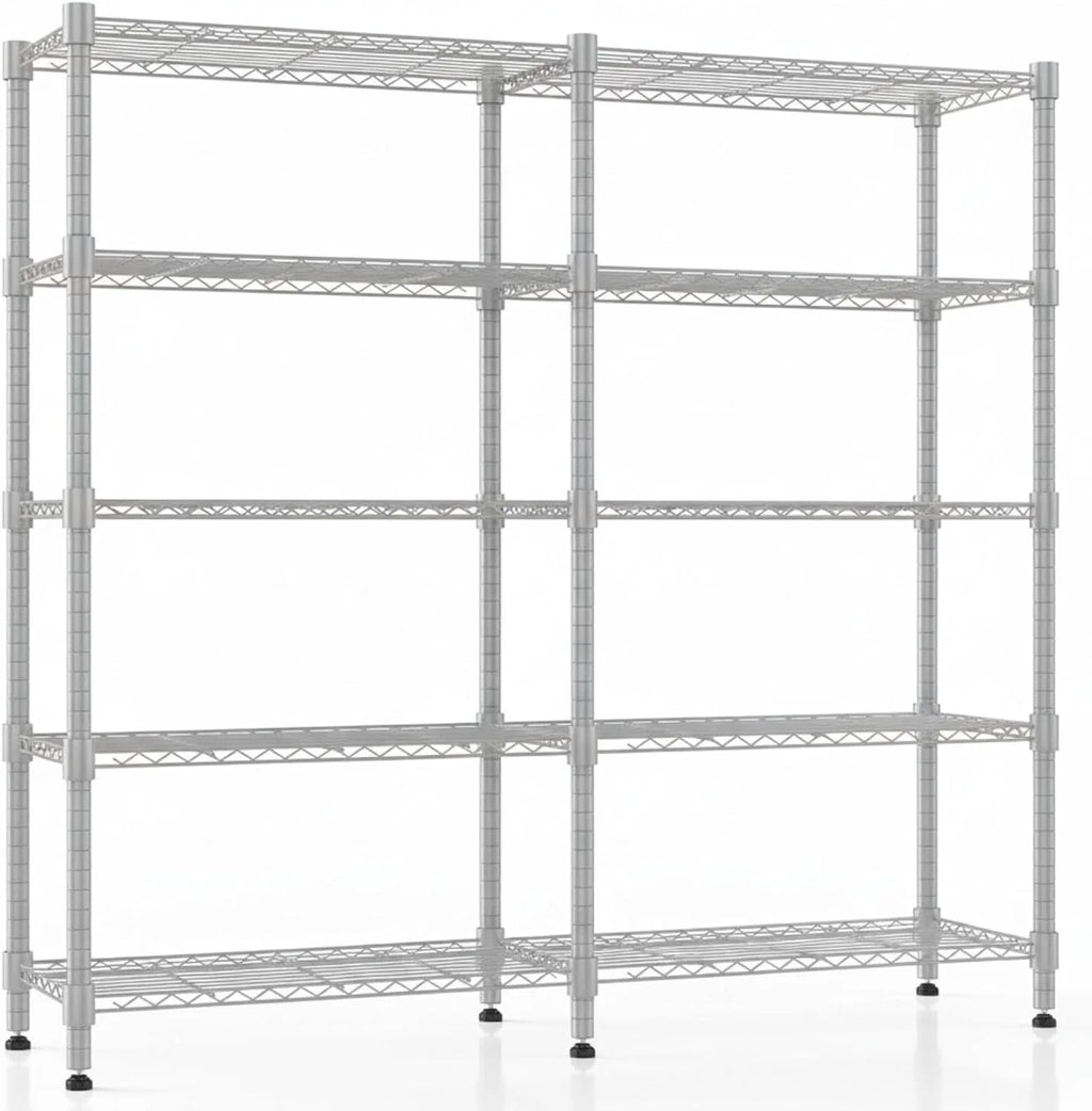 Himimi Estantería metálica de 5 niveles para almacenamiento, Unidad de estanterías de alambre ajustables, Estantes resistentes con pies niveladores, Estantería de almacenamiento 152*35*183cm, Plateado