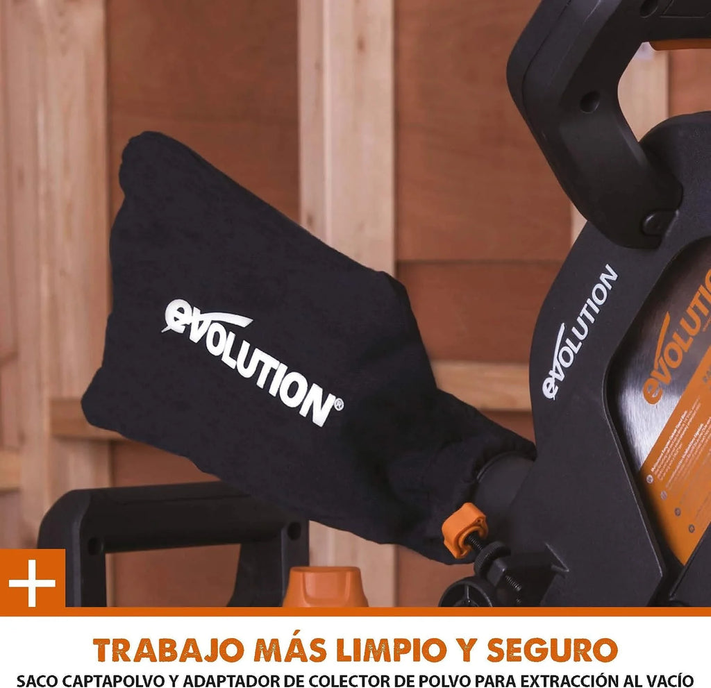 Evolution Power Tools - R210SMS-300+ Ingletadora deslizante multimaterial de 210 mm (230 V), con paquete plus, Corta acero dulce, aluminio, plástico, madera con clavos incrustados