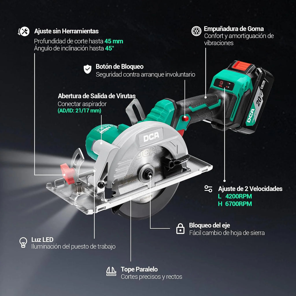 DCA 20V Sierra Circular Mini Inalámbrica Sin Escobillas