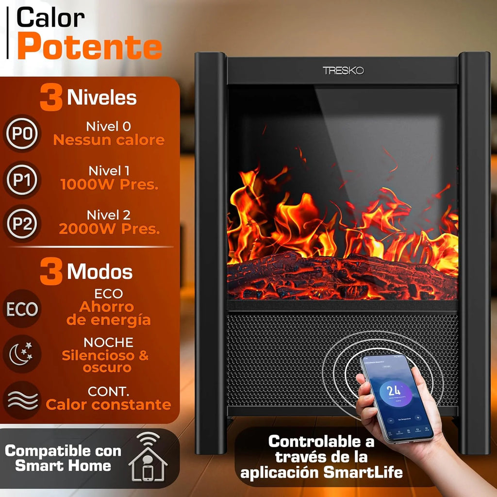 TRESKO Electric Fireplace Heating 2000 W, Smart Home WiFi App & Control | Electric Stove with LED Flame Effect and LCD Display | Electric Fireplace with Thermostat | Ventilated Heating
