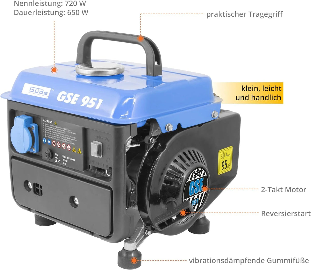 Güde Generador de corriente GSE 951 (motor de 2 tiempos, gasolina, 1/1,36 kW/CV, 1 toma de corriente de 230 V, máx. 720 W, autonomía hasta 7,5 h, depósito de 3,8 L, arranque de reversión, asa, peso