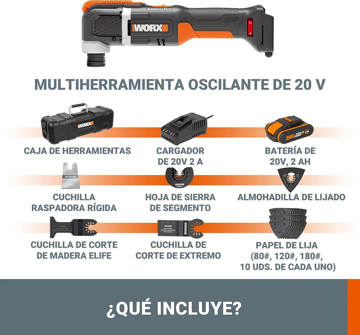 WORX WX696 Multiherramienta Sonicrafter 20V-2Ah, velocidad variable, LED, corte preciso, lijado y detalle, batería cargador, maletín y 35 accesorios incluido, bricolaje y trabajos de precisión