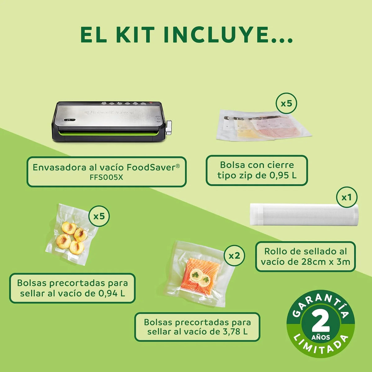 Foodsaver Envasadora al Vacío con almacenamiento de rollos integrado | Cortador de bolsas y modo para alimentos delicados | Incluye bolsas selladoras al vacío surtidas (FFS005X)