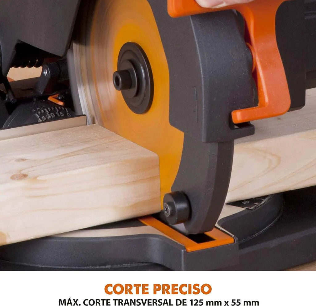 Evolution Power Tools R210CMS Multimaterial Sierra Ingletadora - Corta acero dulce, aluminio, plástico, madera con clavos incrustados, 210 mm