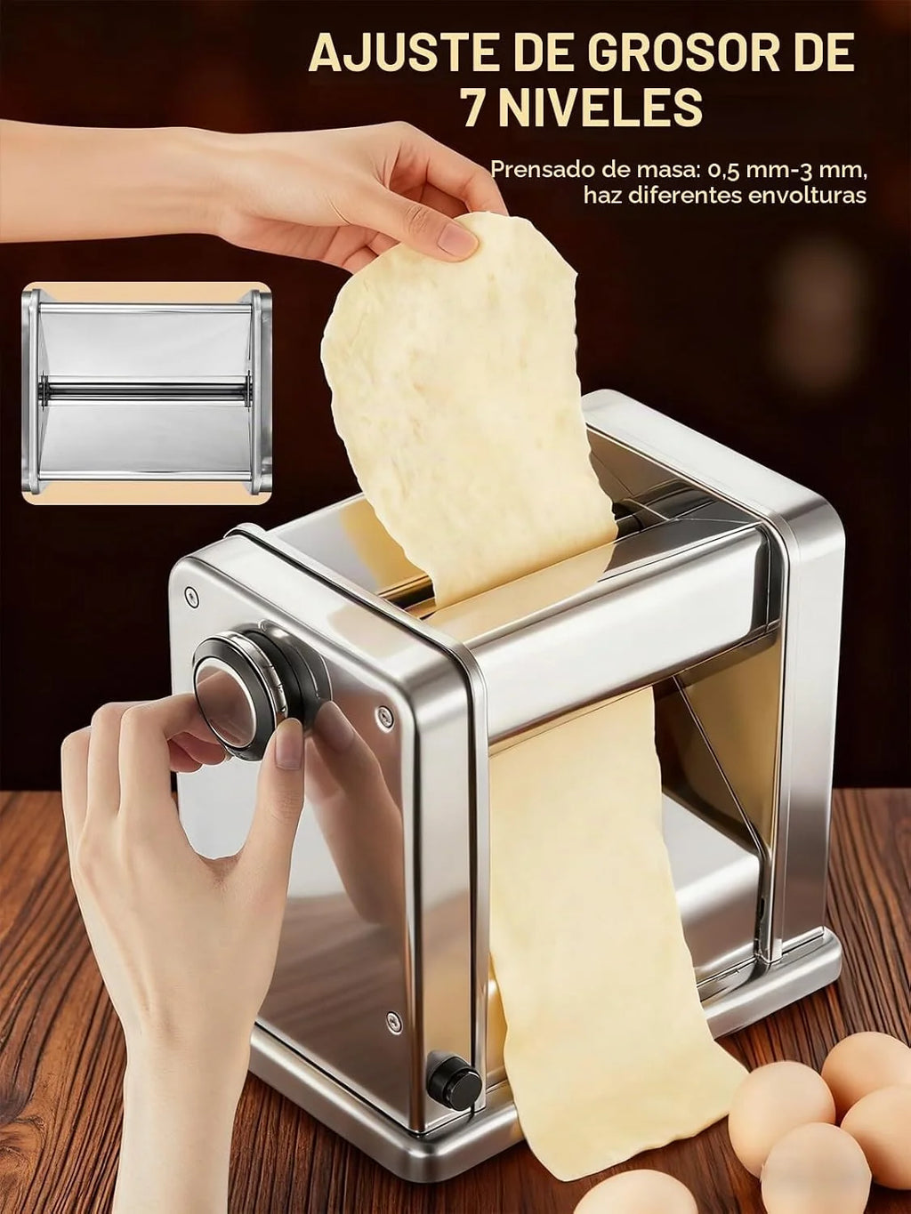 FOHERE Máquina de Pasta Fresca Eléctrica con 2 Cuchillas (1.5 mm/6.6 mm) y 7 Grosores Ajustables de 0.5-3 mm, Acero Inoxidable para Hacer Fideos Espaguetis Raviolis, Plata