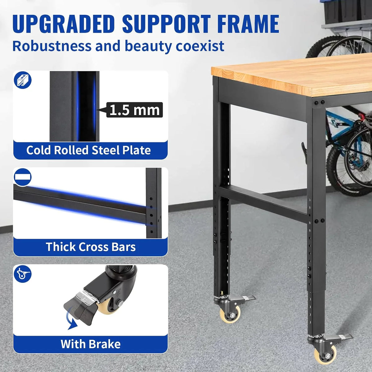 VEVOR Banco de Trabajo de Altura Ajustable 79-104 cm Banco para Taller Escritorio de Tablón de Roble 122x51 cm Marco de Acero Mesa de Trabajo con Ruedas Carga de 720 kg para Garajes Talleres Oficinas