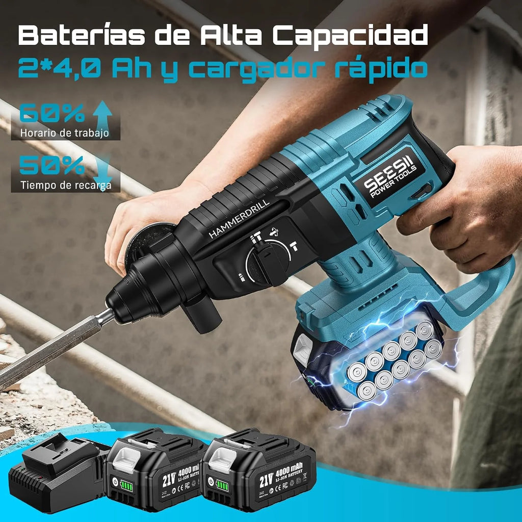 SEESII 4-in-1 Martillo Perforador a Baterías, Sistema de seguridad,SDS-plus