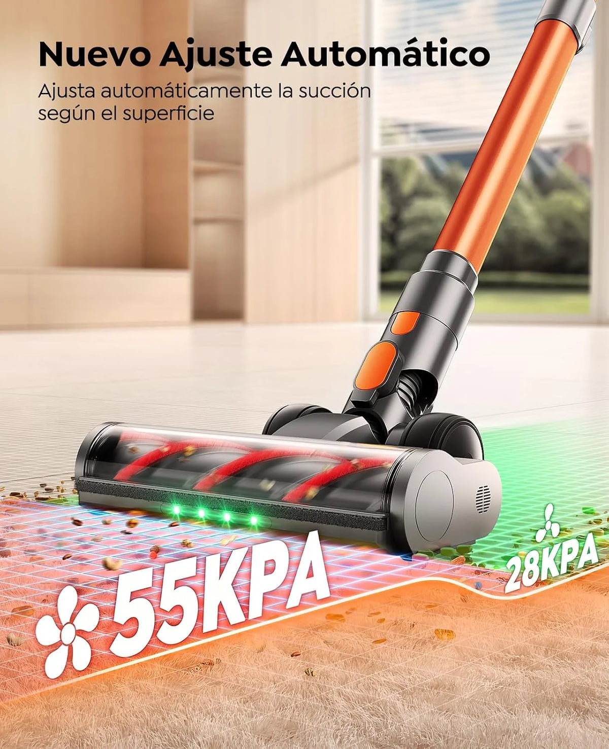 Fieety Aspiradora sin Cable 55KPa/650W/70Min(ECO), Aspiradora Escoba Potente con Brazo Flexible, Manguera 1M, Cepillo Anti-Enredo con Luz, Modo Auto, Aromática, Carga Pared, para Suelos/Alfombras/Pelo