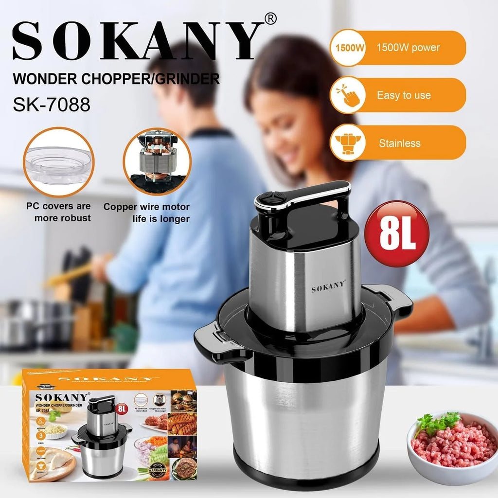 SOKANY 1500W Picadora de Carne y Verduras Eléctrica 8L Trituradora de Alimentos de Acero Inoxidable, Picadora Batidora Eléctrica de Cocina 6 Cuchillas y 3 Velocidades