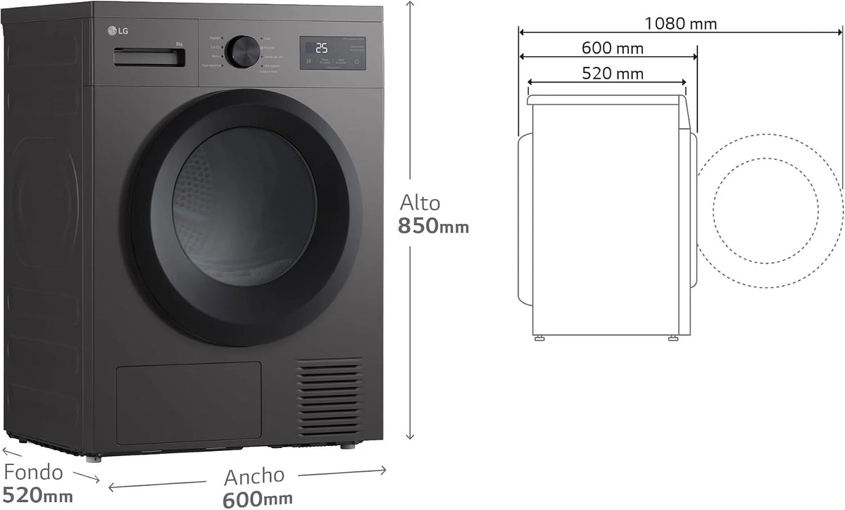 LG RHA1008NDK - Secadora de Ropa 8kg, Bomba de Calor y Carga Frontal, D, Secadora LG Serie 100, 65 dB, Secado por Bomba de calor, LED Display, Ahorra Energía y Tiempo, Color Grafito