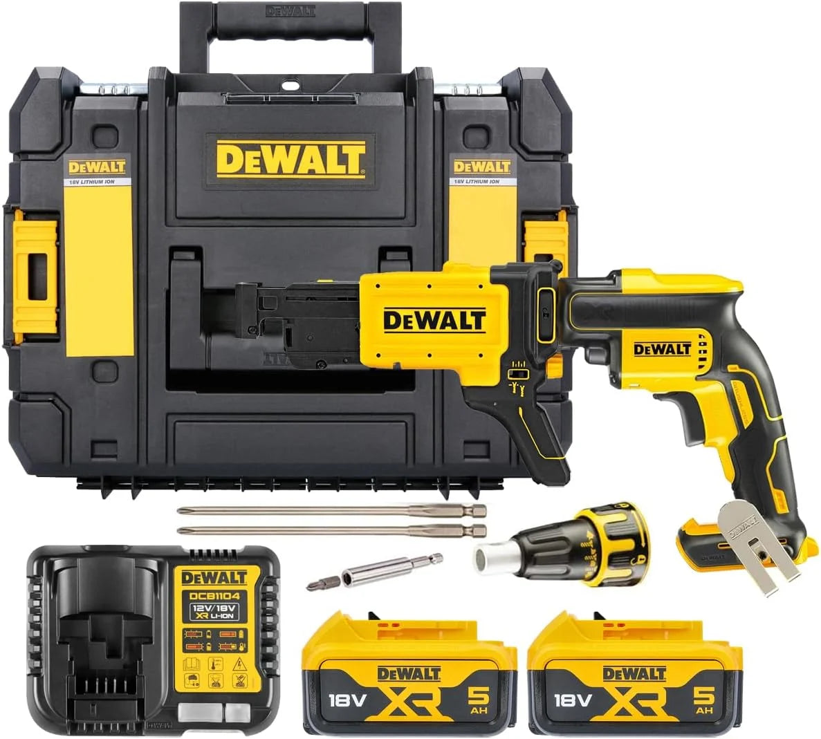 DEWALT DCF620P2K-QW - Atornillador Panel Yeso sin escobillas XR 18V con 2 baterías Li-Ion 5Ah + Cargador rápido de Tornillos y maletín TSTAK