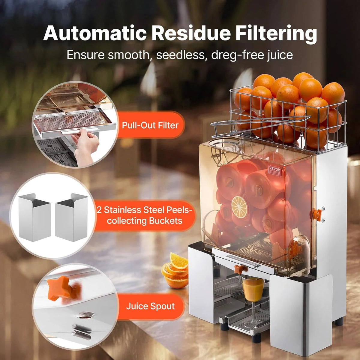 VEVOR Exprimidor de Cítricos Eléctrico Comercial Extractor de Zumo 120W Alimentación Automática con Filtro Extraíble Cubo Recolector de Cáscaras para Naranja, Pomelo, Restaurante, Cafetería, Frutería