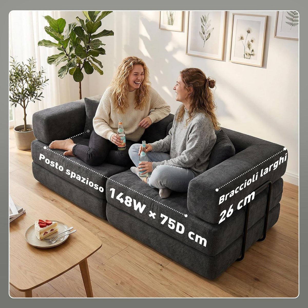 HOMCOM 5-in-1 Folding Sofa Bed with Chenille Upholstered Dark Grey