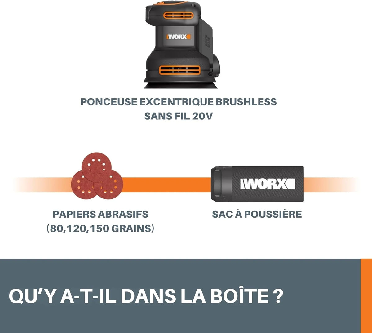 WORX NITRO – Lijadora excéntrica inalámbrica de 20 V – Bandeja de lijado de 125 mm – Ideal para superficies planas o curvas – Sin escobillas – Velocidad variable – Se entrega sin batería ni cargador –