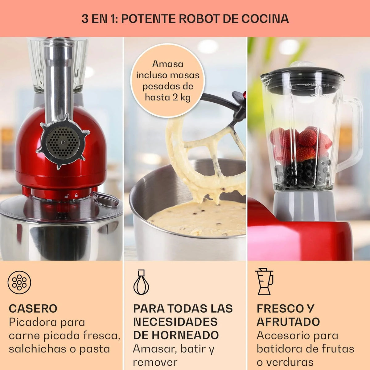 Klarstein Batidora Amasadora con Bol, 5L para Hornear, Robot Cocina, Amasadora Reposteria 1800W, Picadora Carne, Gancho y Bol para Mezclar con Varillas Rotación Planetaria 6 Velocidades