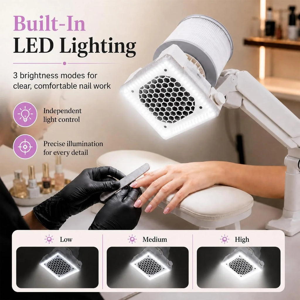 Colector De Polvo Profesional, Colector De Polvo Al VacíO Con Led, Rejilla Alveolar Y Gran 360° Filtro CilíNdrico, Brazo Orientable Para AcríLico, Gel Y Polvo Fino Dar Forma Retirar Esculpidas