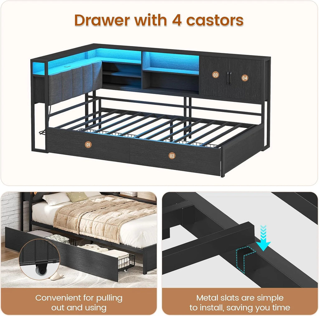 KIMENICH Upholstered Bed Sofa Bed 90 x 190 cm with LED Lighting, Charging Station, Youth Beds with 2 Drawers and Metal Slatted Base, Headboard with Storage, Open Shelves, Black