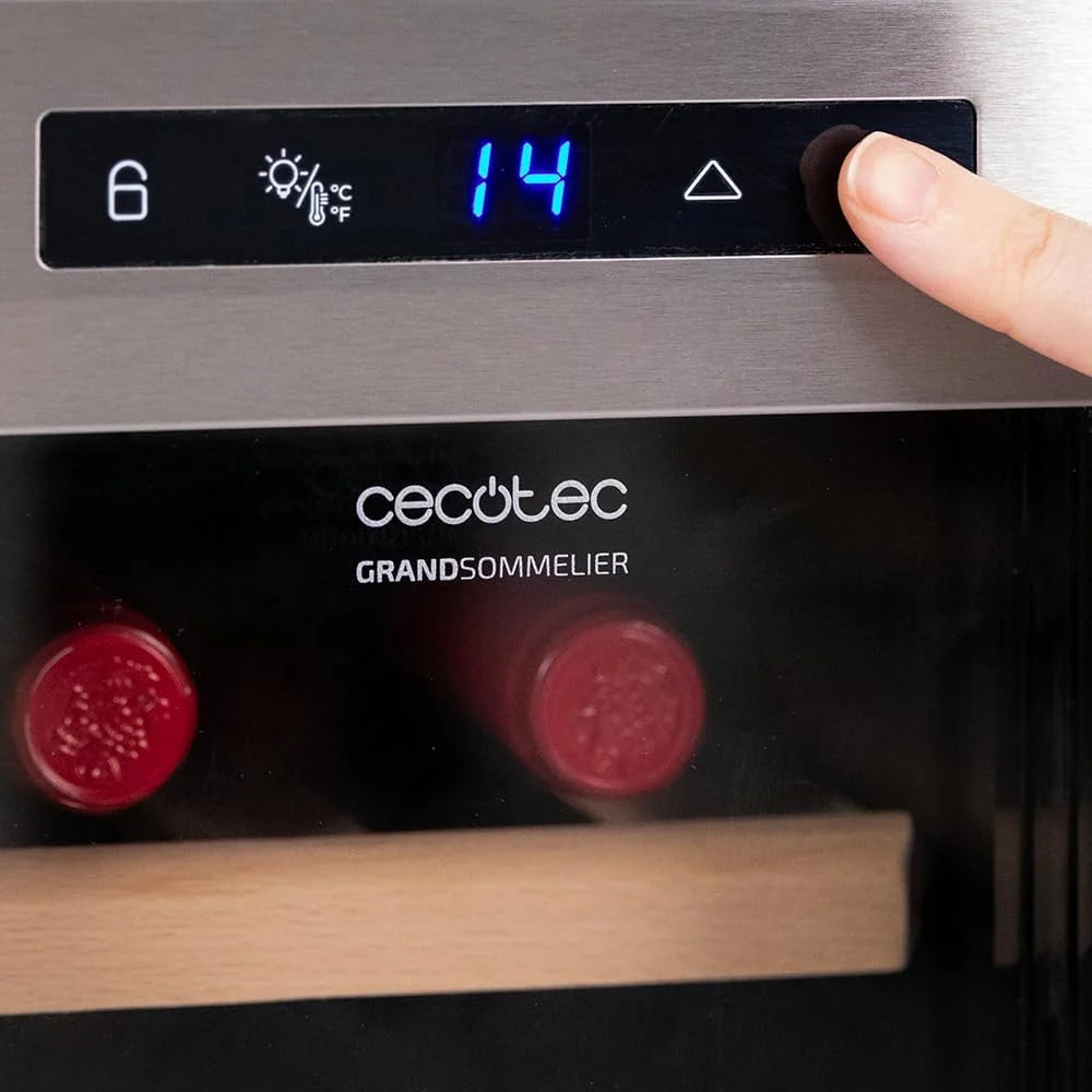 Cecotec Vinoteca 8 Botellas Bolero GrandSommelier 830 CoolWood, Termoeléctrica, Bajo nivel sonoro y alto rendimiento, Temperatura regulable: 8-18ºC, Panel de control táctil, Display.