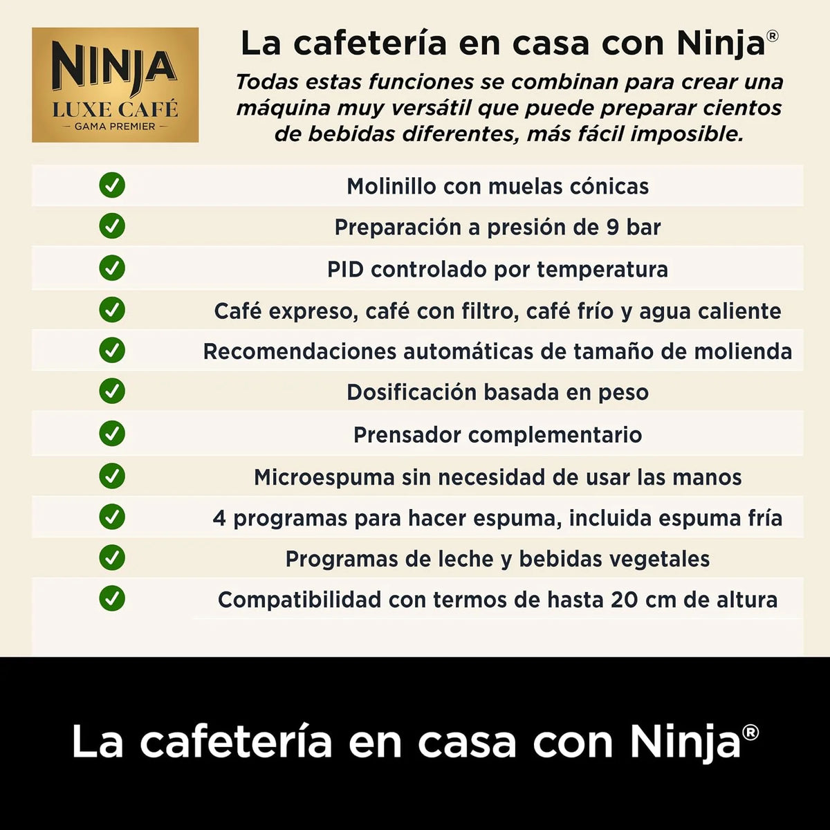 Ninja Luxe Premier Cafetera 3 en 1 para Espresso, Cold Brew y Café de Filtro con Molinillo y Espumador Integrados - 25 Ajustes de Molienda y 4 Preajustes de Espuma - Negro, ES601EUBK