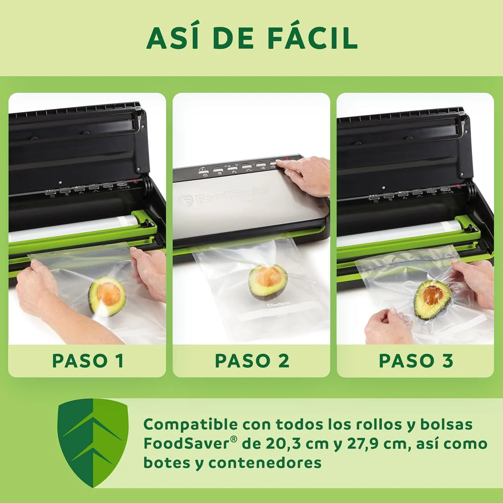 Foodsaver Envasadora al Vacío con almacenamiento de rollos integrado | Cortador de bolsas y modo para alimentos delicados | Incluye bolsas selladoras al vacío surtidas (FFS005X)
