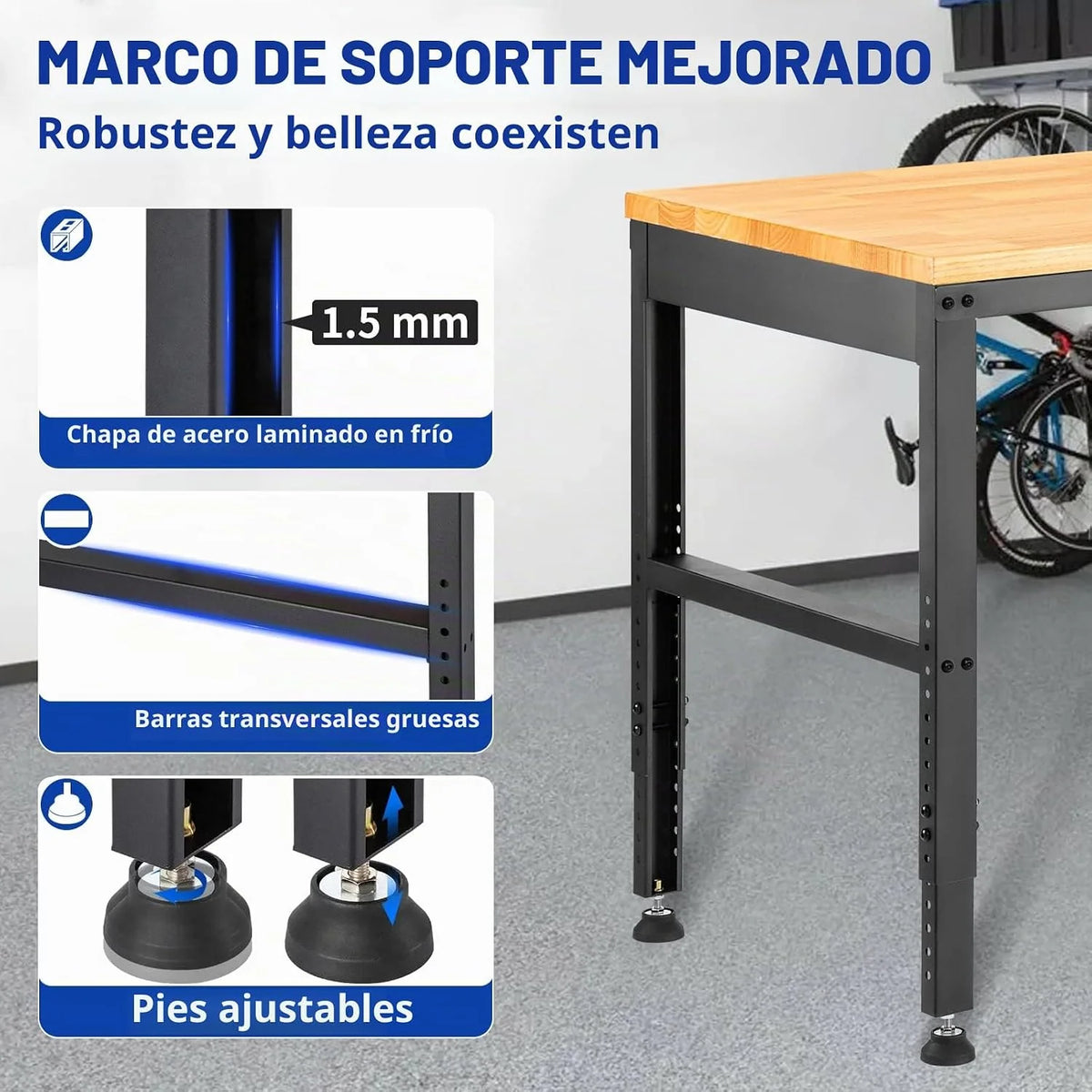 VEVOR Banco de Trabajo de Altura Ajustable, 135 cm de Ancho x 46 cm de Profundidad x 97 cm de Alto, Mesa de Garaje con 72-97 cm de Altura y Capacidad de Carga de 900 kg, con Tomas de Corriente, Parte