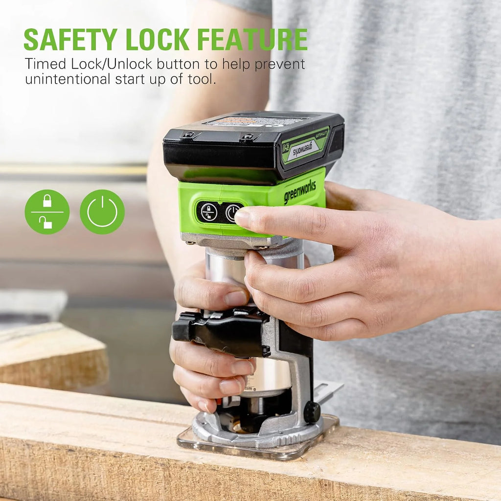Greenworks 24V Fresadora De Madera Rebajadora sin cable, motor sin escobillas, 30000 RPM, control variable de 5 velocidades, sin batería ni cargador