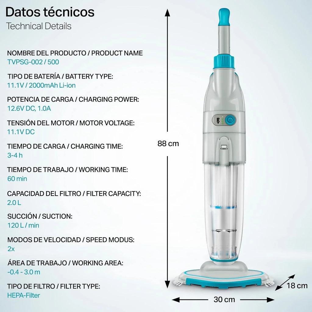 tillvex Limpiafondos Eléctrico de Piscina | Set Aspirador de Fondo Automático con Mango Telescópico | Aspiradora Inalámbrica de Limpieza con Filtro y 2 Velocidades