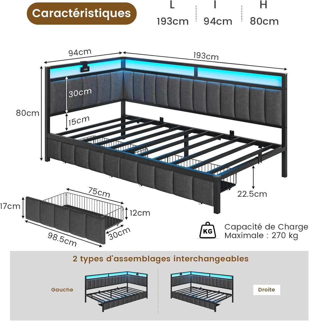 DICTAC Upholstered Bed Sofa Bed 90 x 190 cm with LED Lighting and USB Socket, Youth Beds with 2 Storage Drawers, Bed Frame 90 x 190 cm with Metal Slatted Base, Dark Grey