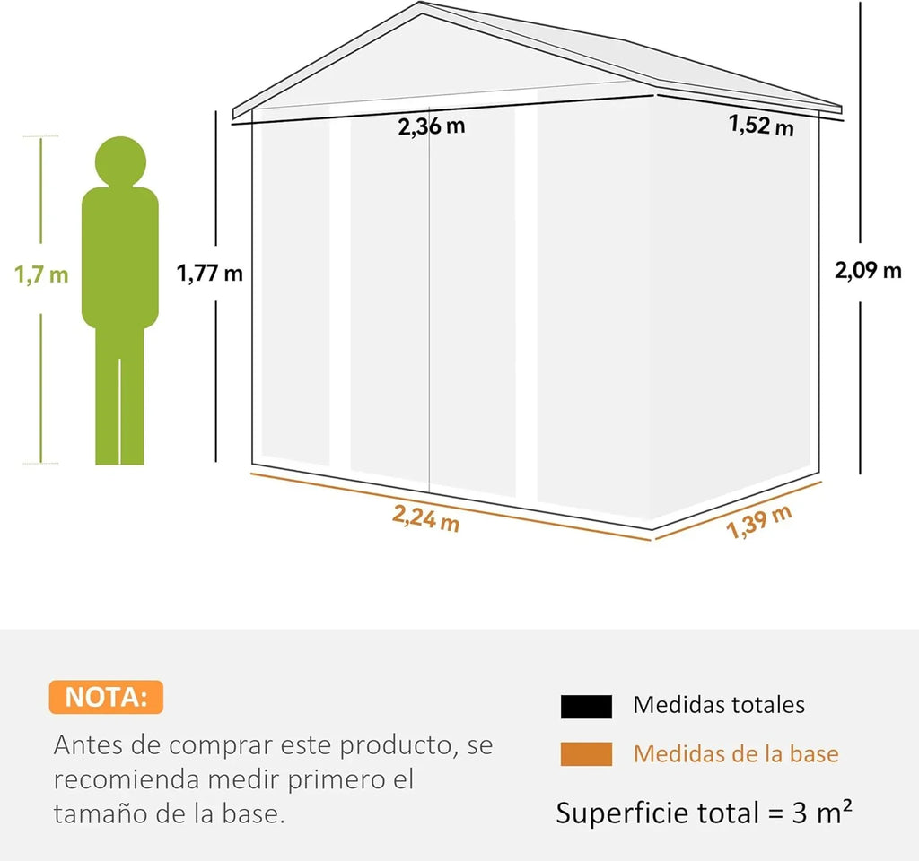 Outsunny Caseta de Jardín Exterior 3 m² 235,7x152x208,7 cm Cobertizo de Jardín Exterior Metálica con 2 Puertas Corredizas y 4 Ventanas para Almacenamiento de Herramientas Efecto Madera Natural y Café