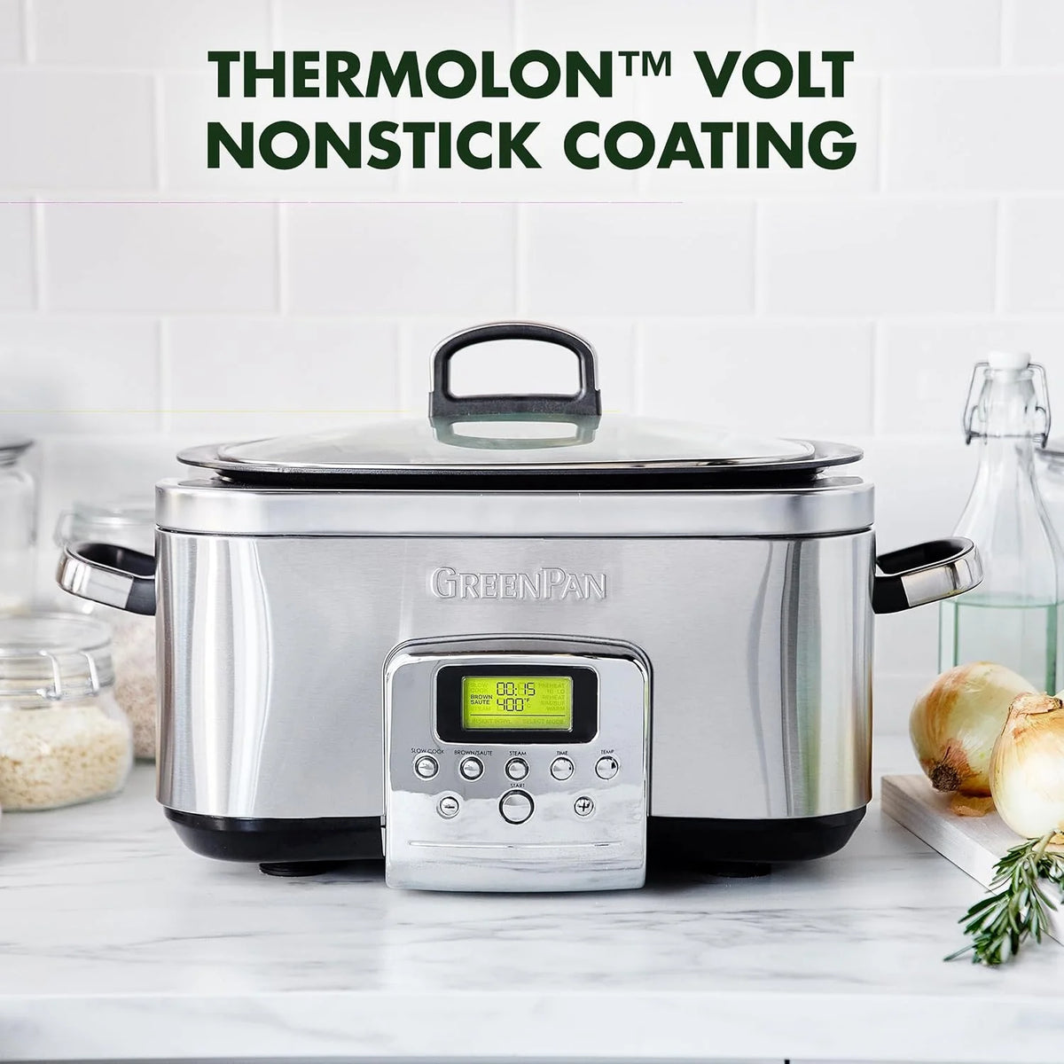 GreenPan Elite 8-in-1 Programmierbarer 6L Slow Cooker Multikocher,Spülmaschinenfester Deckel & Topf,PFAS-freie Gesunde Keramische Antihaftbeschichtung zum Braten,Schmoren,Mit Dampfgareinsatz,Edelstahl