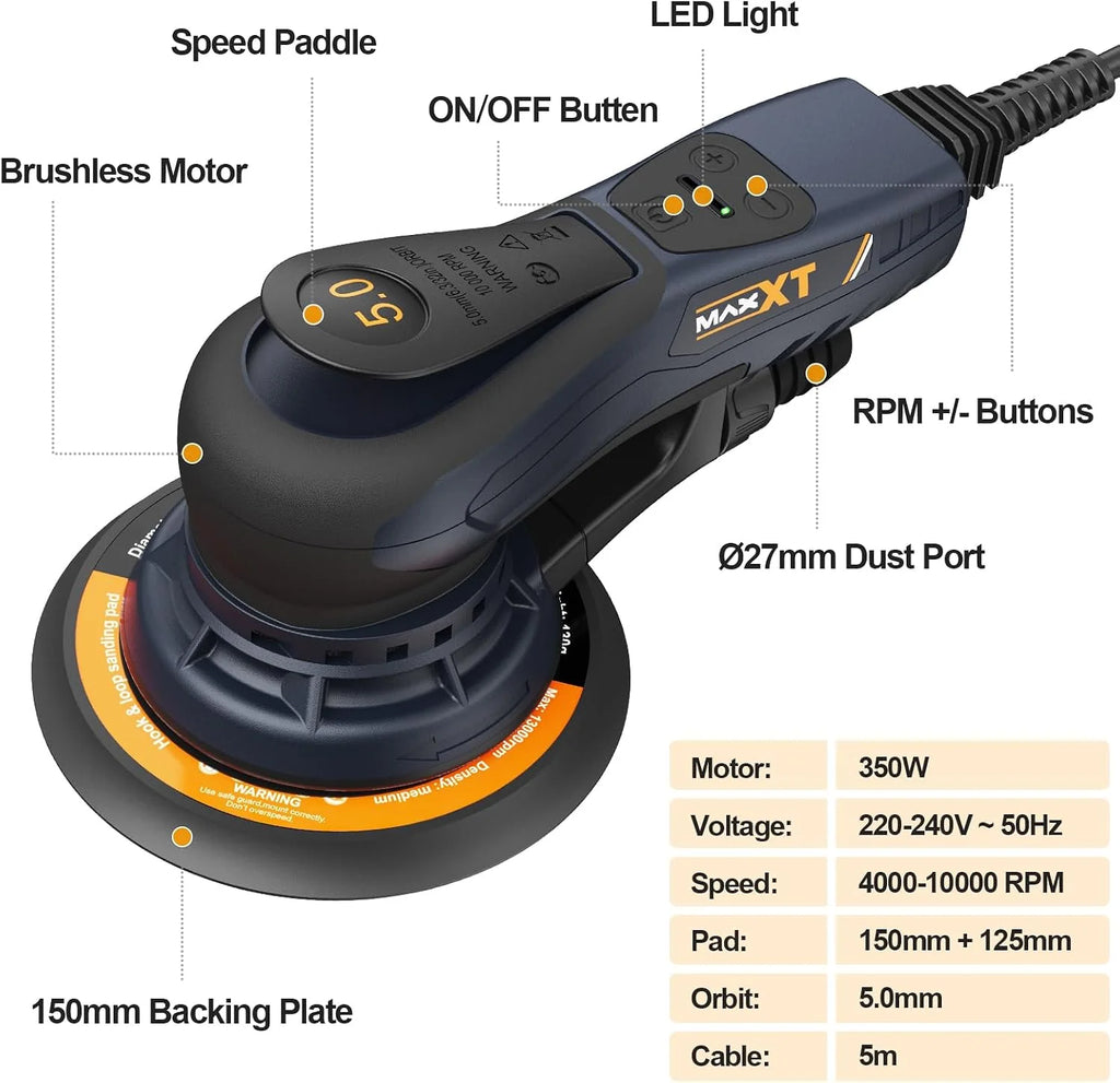 MAXXT Lijadora excéntrica sin escobillas de 5,0 mm, 230 V, con cableado trinúcleo, versátil lijadora eléctrica con ritmo variable y 10 discos abrasivos, con cable