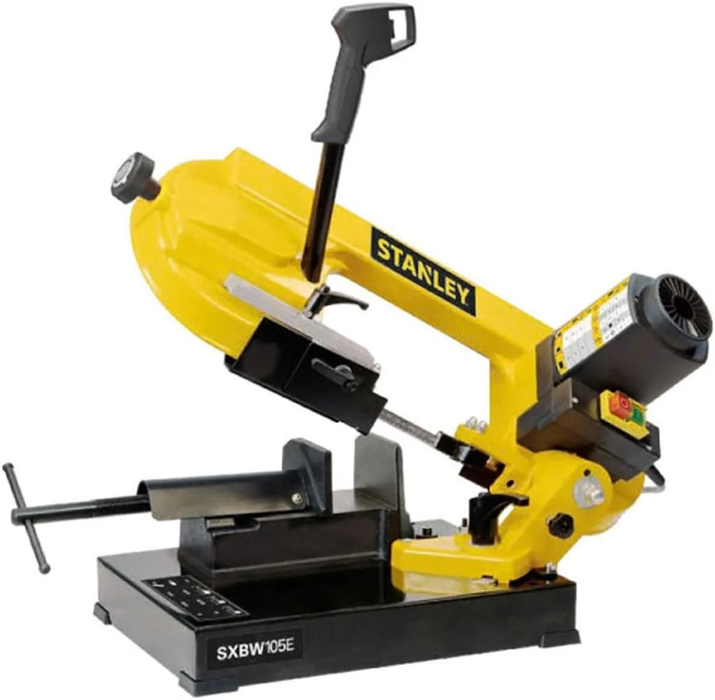 Stanley Sierra de cinta para metal sierra de banda metal 750W, capacidad de corte 105 mm, con ángulo de corte ajustable 0-45°, para acero tubos perfiles, máquina de sierra portátil para taller