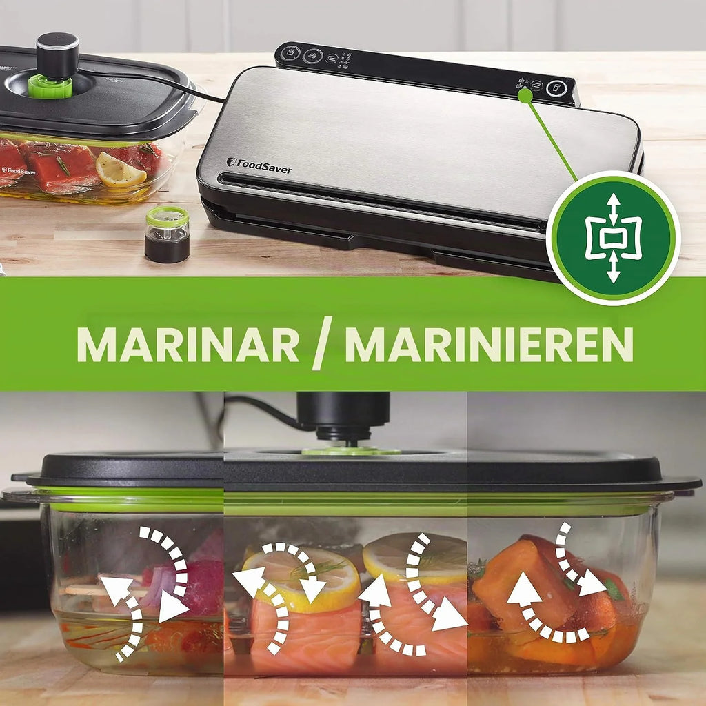 FoodSaver Premium VS3190X Envasadora al vacío, 1 Rollo, 4 bolsas & 4 bolsas con cierre tipo zip, Acabado plata y negro + Recipiente para conservar y marinar al vacío