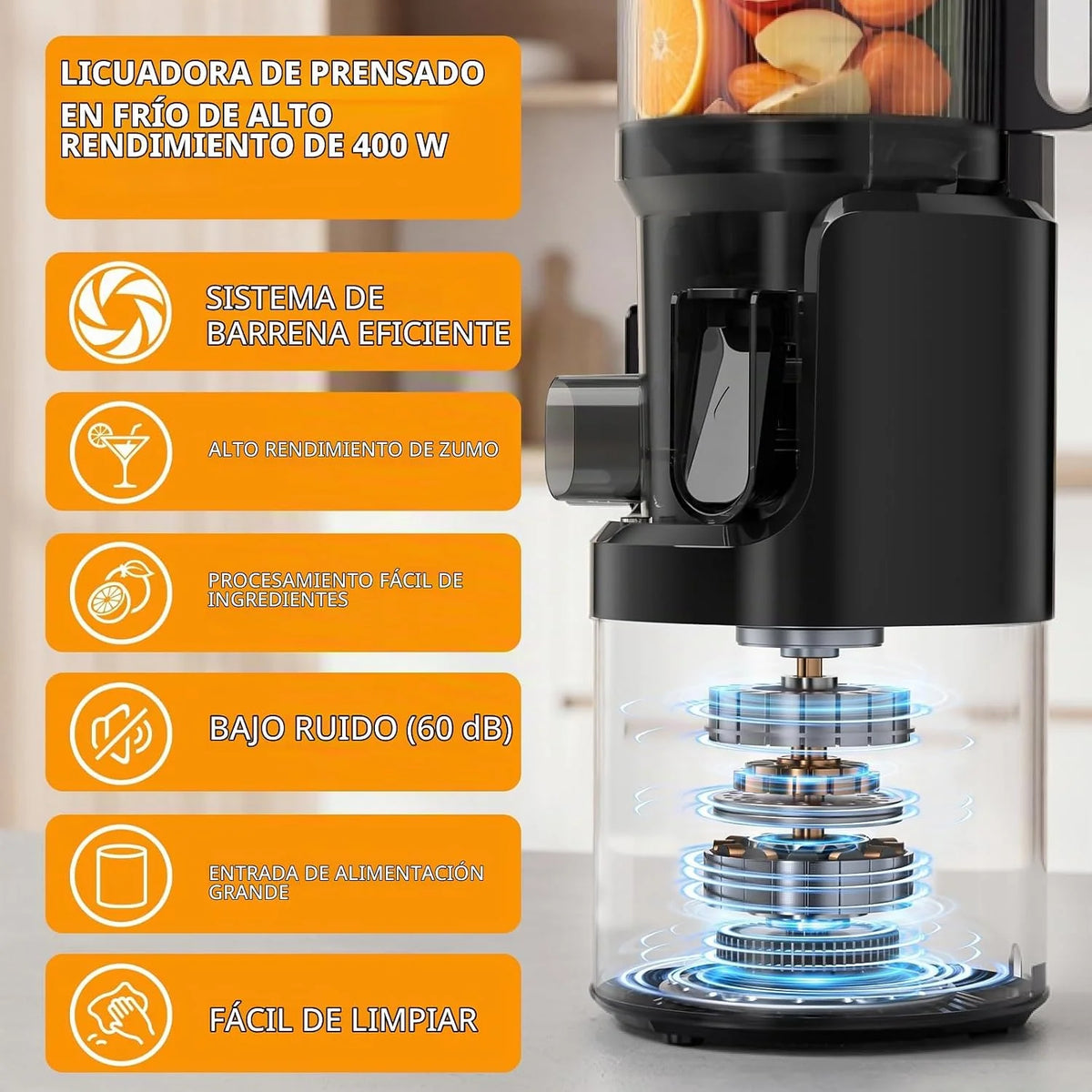 SJ-068 Extractor de Zumos y Verduras Prensado en Frío XL 152mm