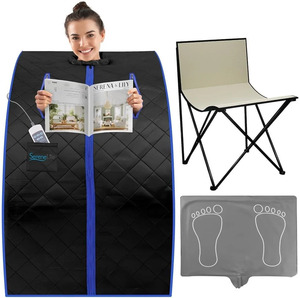 SereneLife SPA portátil infrarrojo para el hogar, Gran tamaño, Sauna para una Persona, Completo, con Almohadilla calefactora para los pies, Silla plegable