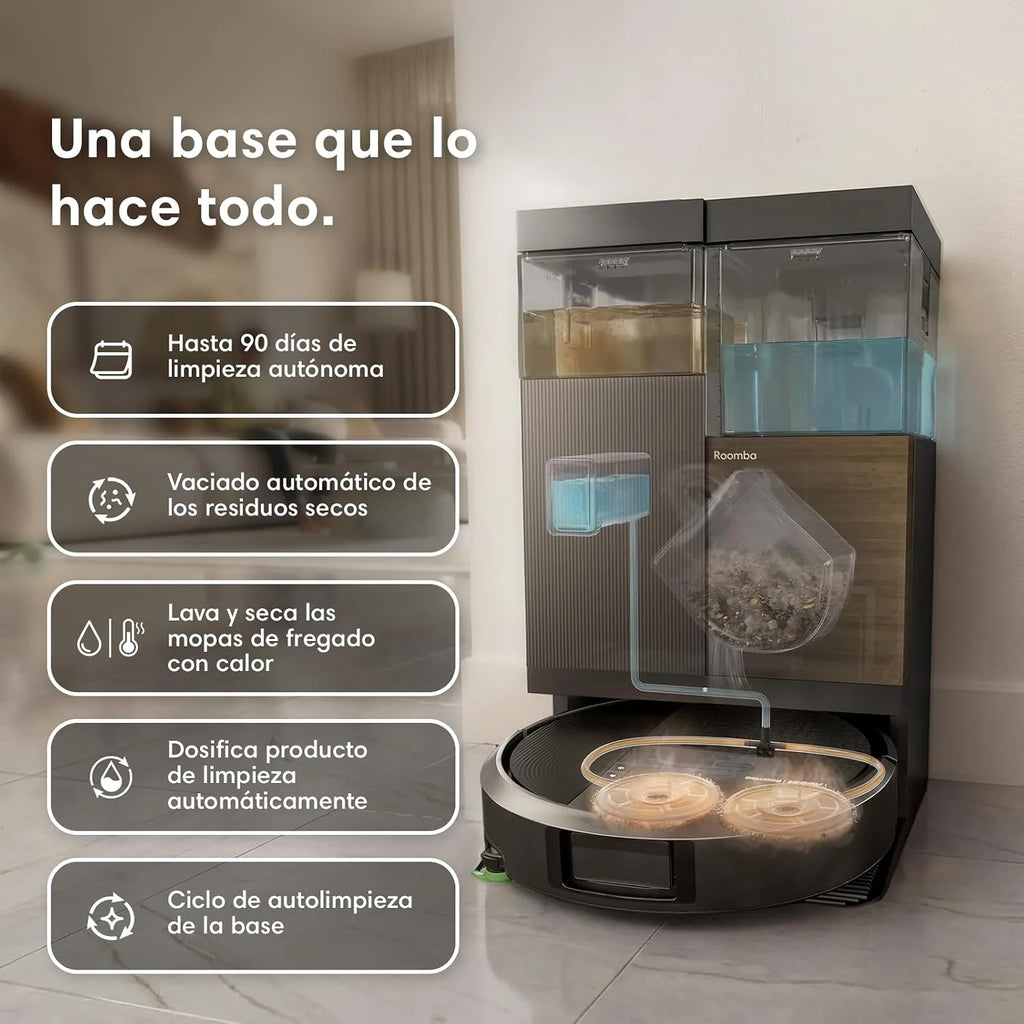 iRobot Roomba Plus 576 Combo y Base AutoWash multifunción, 25KPa, Mopas DualClean PerfectEdge, Lavado/Secado Calor, IA, PrecisionVision, Clearview Pro LiDAR, 90 días autonomía,Accesorios Extra, Negro