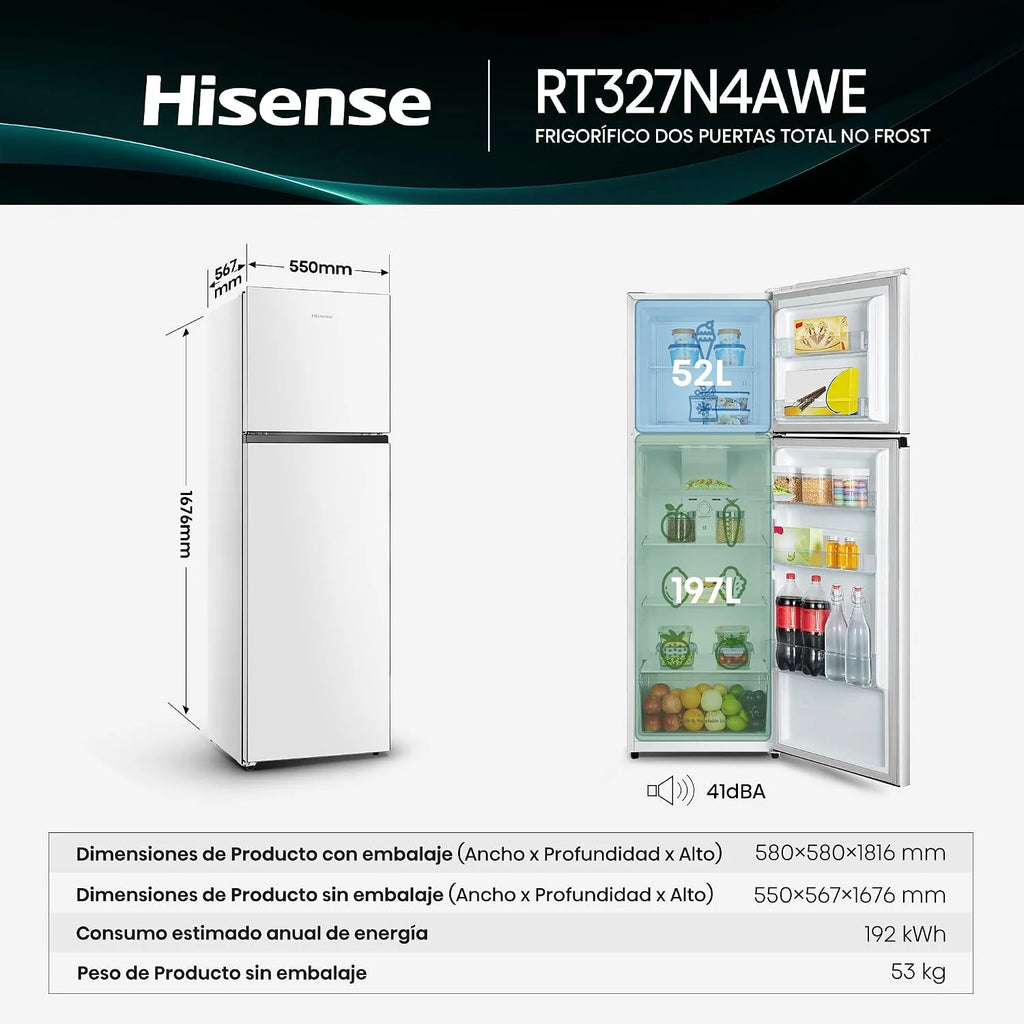 Hisense RT327N4AWE - Frigorífico 2 Puertas Total No Frost, 249L, 168cm, Multi Airflow, Puerta Reversible, Iluminación LED, Cajón de Frutas y Verduras, Blanco