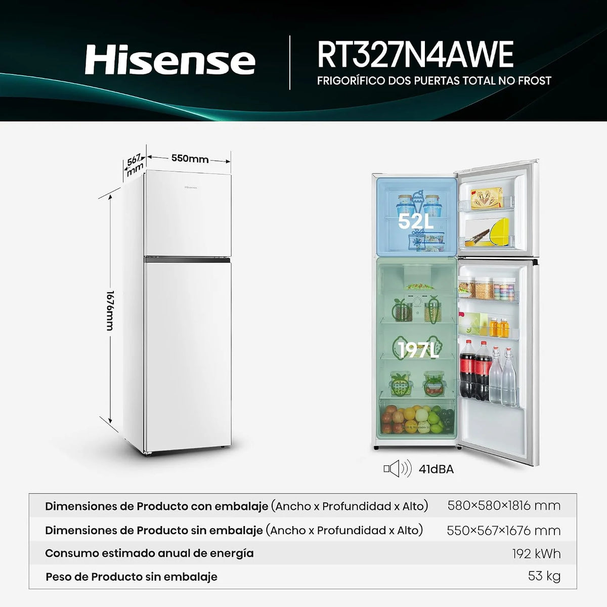 Hisense RT327N4AWE - Frigorífico 2 Puertas Total No Frost, 249L, 168cm, Multi Airflow, Puerta Reversible, Iluminación LED, Cajón de Frutas y Verduras, Blanco