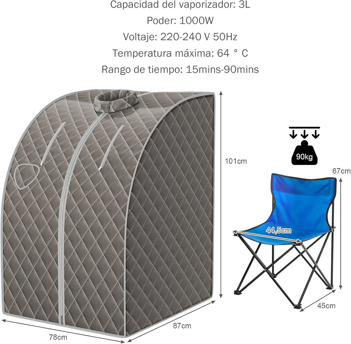 COSTWAY 3L Mini Sauna de Vapor para Casa con Control Remoto,Silla y Accesorios Sauna de Vapor Portátil con Control Remoto Cabina de Sauna con Temperatura y Temporizador Ajustables (gris)