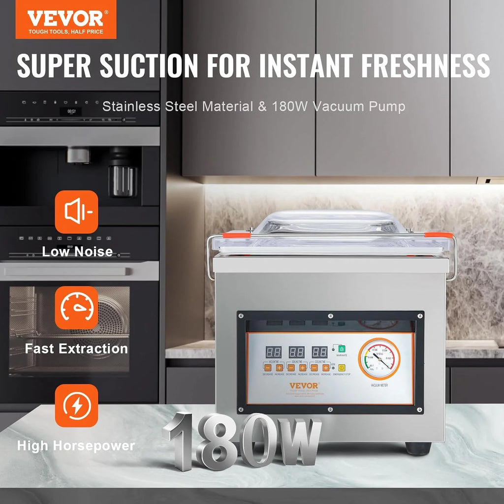VEVOR Sellador al Vacío de Cámara 320 W Máquina de Envasado al Vacío de Acero inoxidable Tamaño Compacto de 320 mm para Cocina del Hogar Para Uso Comercial Para Alimentos Húmedos, Carnes y Adobos