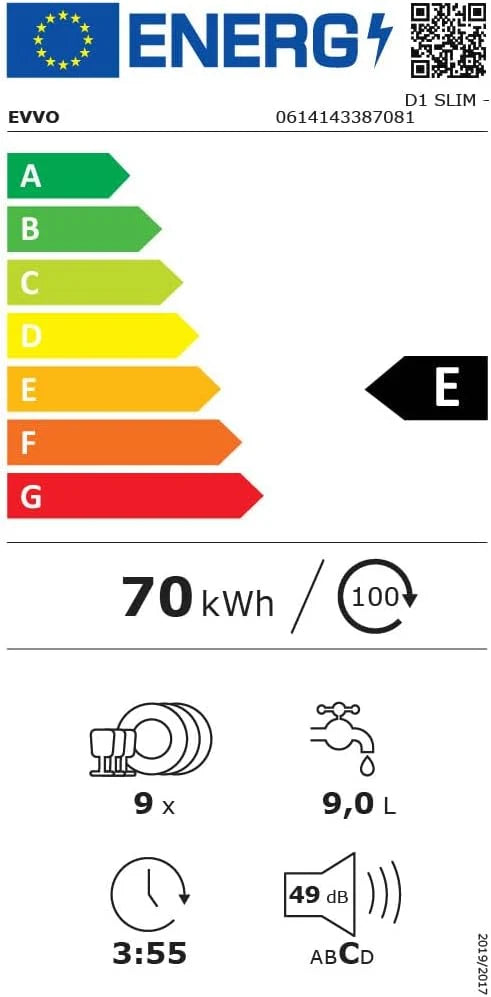 EVVO Lavavajillas estrecho, Ancho 45 cm, Capacidad para 9 Cubiertos, Programa Rápido 30 minutos, Programa Media Carga, Bandeja Superior Ajustable, 5 Programas, Modelo D1 Slim, Acabado Blanco