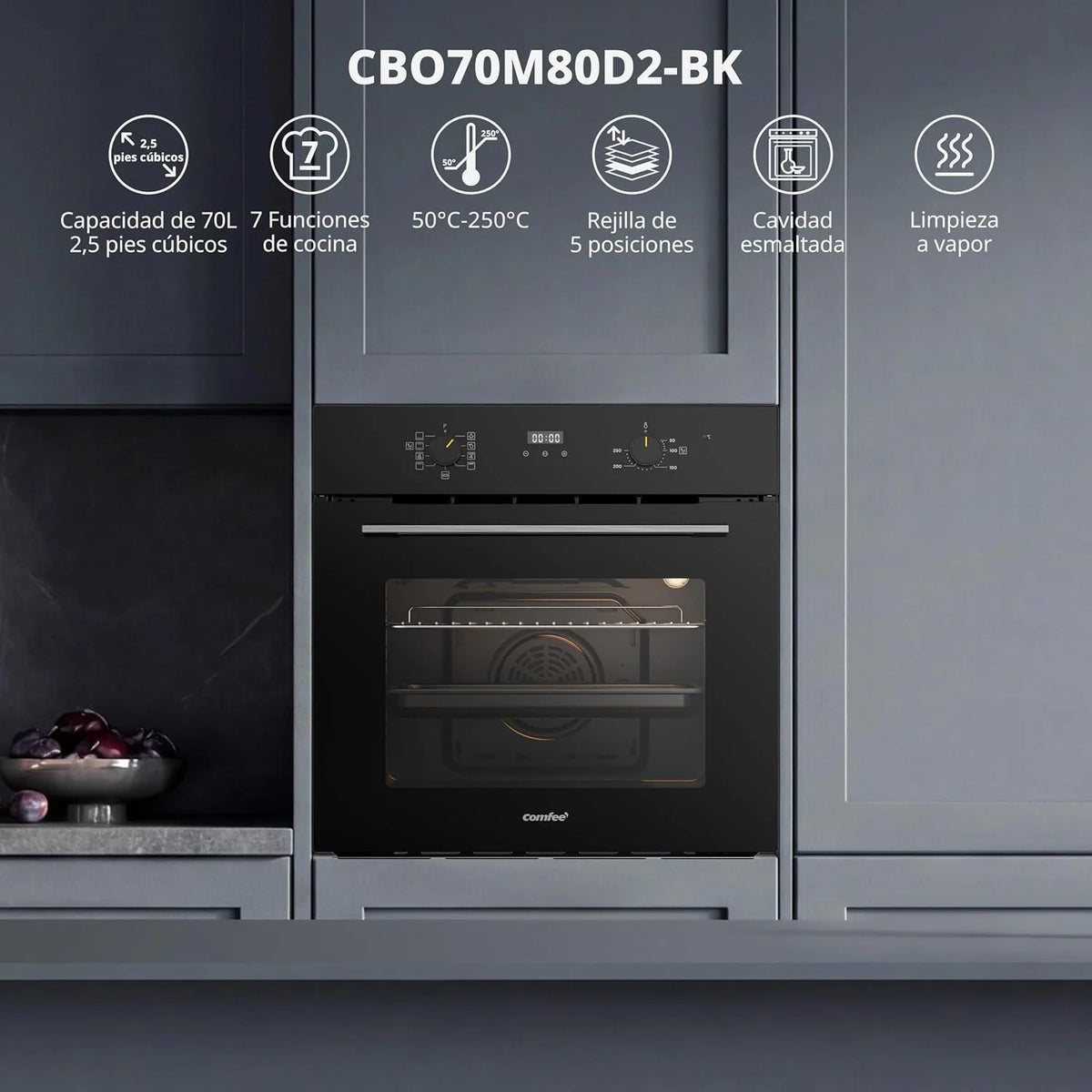 COMFEE' Horno Pizza Eléctrico Empotrable Multifunción, Convección, 1 Bandeja y 1 Rejilla, Limpieza Aquactiva, 70L, 7 Funciones, Ventilador de, Cavidad Esmaltada, Puerta Fría, CBO70M80D2-BK [Clase A]