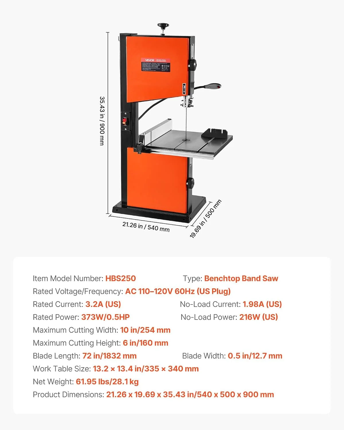 VEVOR Sierra de Cinta, Ancho de Corte de 254 mm, 2 Velocidades, Motor de 373 W, Altura de Corte de 160 mm, Mesa de Hierro Fundido de 335 x 340 mm, Luz de Trabajo de 360 Grados, para Carpintería