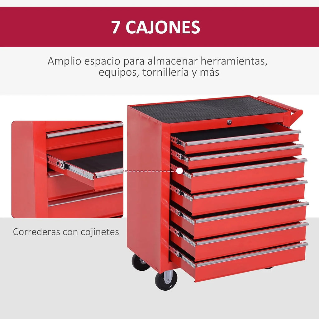 DURHAND Carro de Herramientas con 7 Cajones, con Cerradura, Asa, Rojo