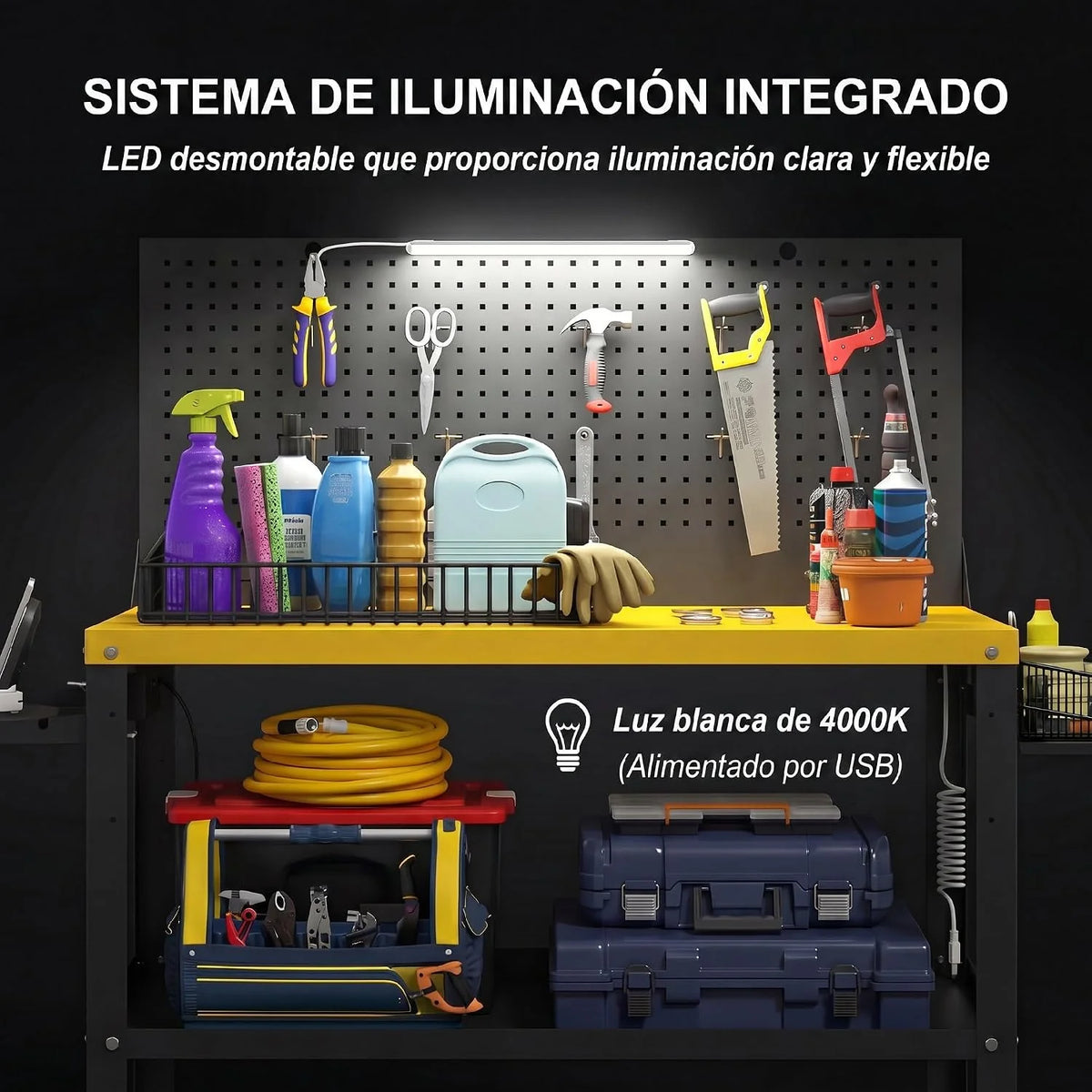 HOMCOM Banco de Trabajo con Ruedas 128x49,5x127,5 cm Negro y Amarillo