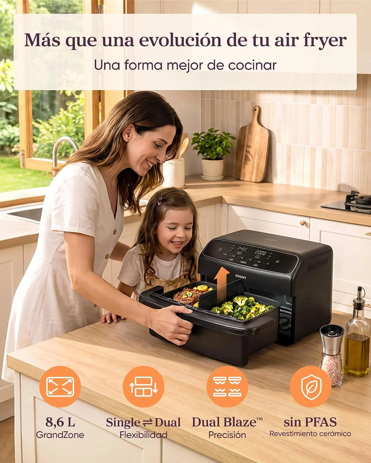 Cosori Freidora de Aire 8,6L Dual Blaze TwinFry Compact, sin PFAS ni Teflon